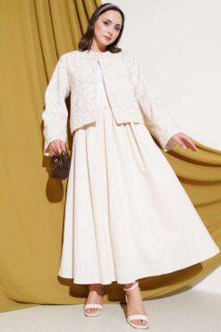 Embroidered Skirted Jacket Set Stone