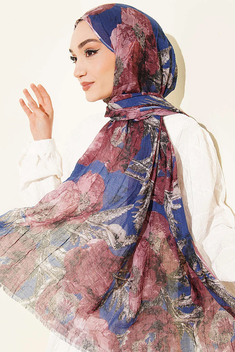 Patterned Aya Series Bamboo Crinkle Shawl Navy Blue