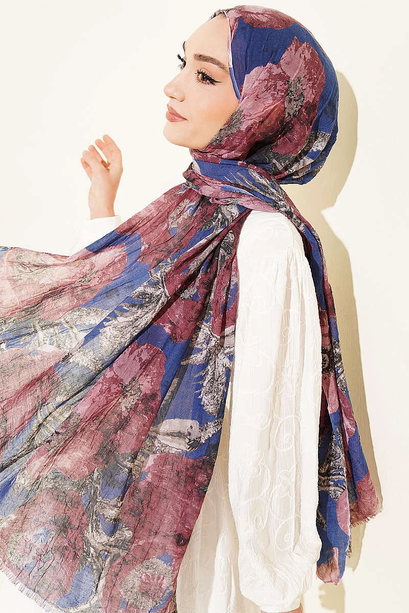 Patterned Aya Series Bamboo Crinkle Shawl Navy Blue - Afbeelding 2
