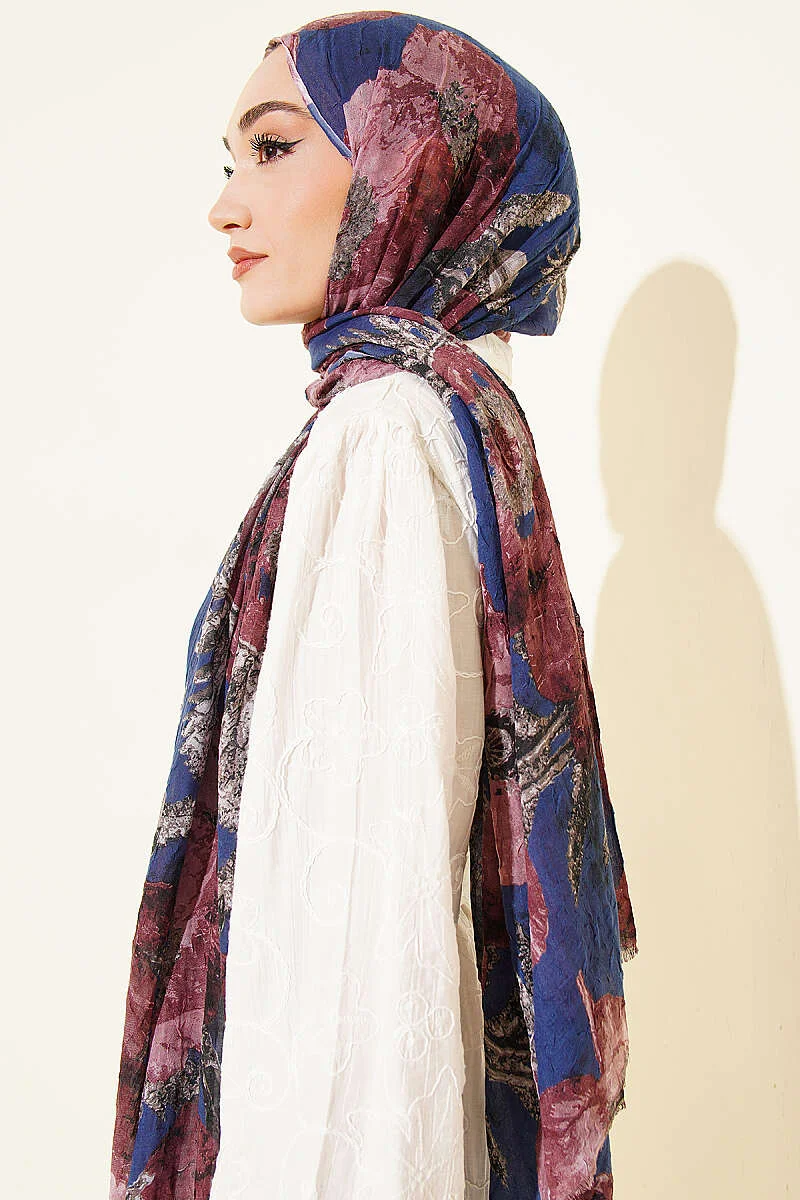 Patterned Aya Series Bamboo Crinkle Shawl Navy Blue - Afbeelding 3