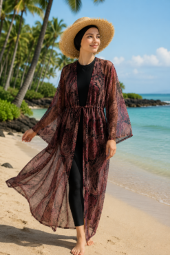 Vue alternative de Patterned Adjustable Waist Chiffon Long Pareo Burgundy