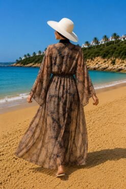 Alternative view of Patterned Adjustable Waist Chiffon Long Pareo Tan