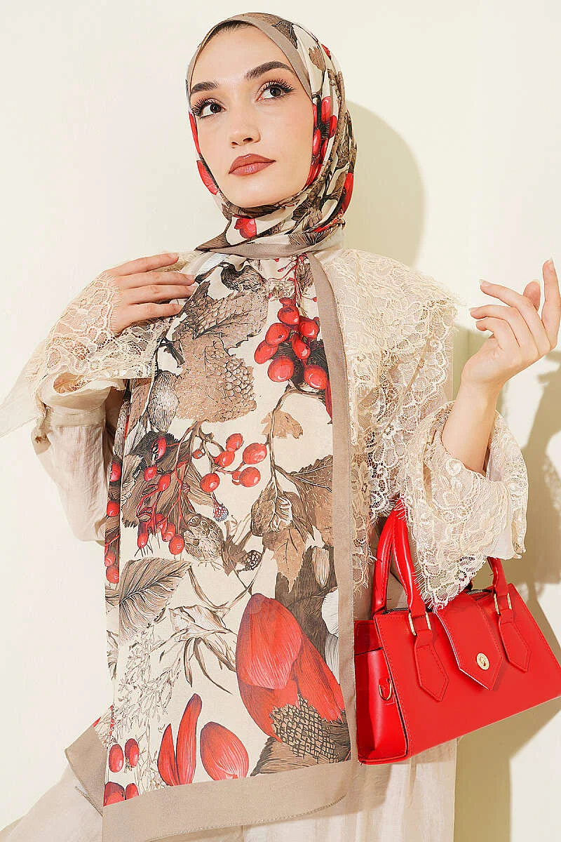 Patterned French Silk Scarf Beige - الصورة 2