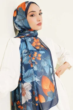 Alternative view of Patterned French Silk Scarf Navy Blue