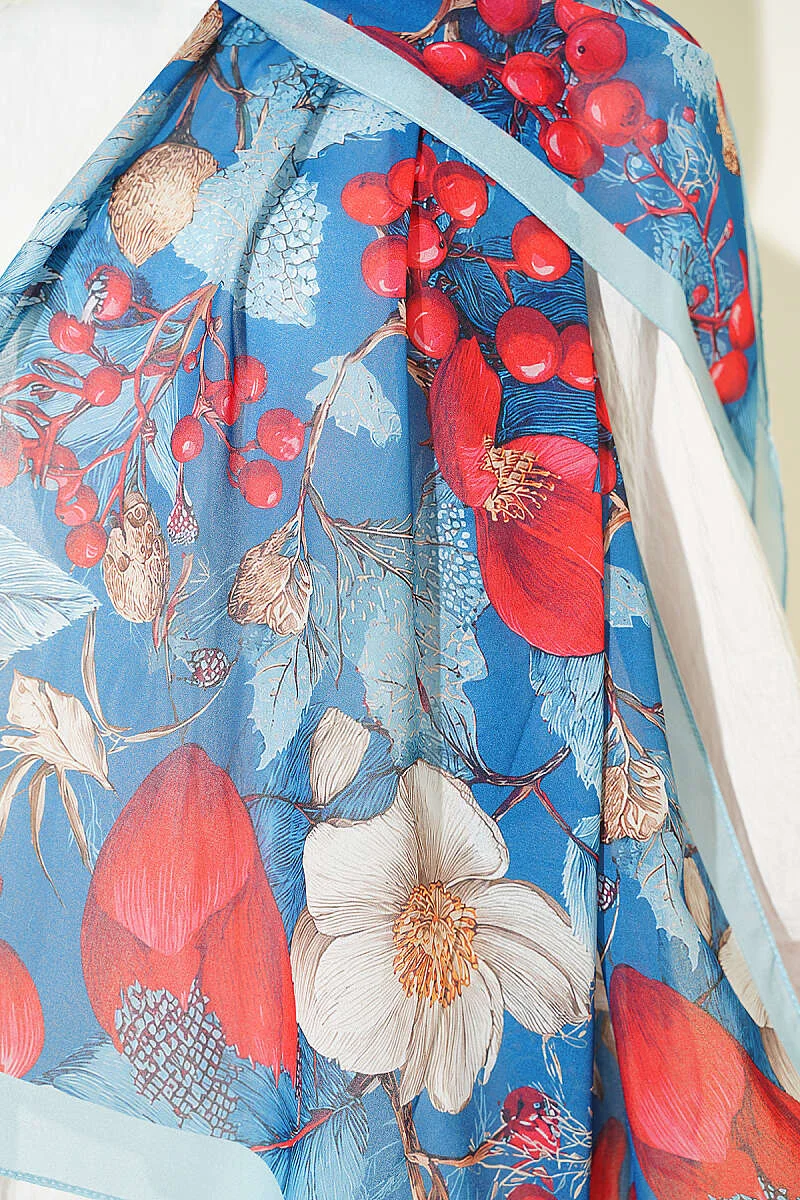 Patterned French Silk Scarf Turquoise - الصورة 4