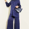 Patterned Pearl Button Loose Jacquard Set Navy Blue