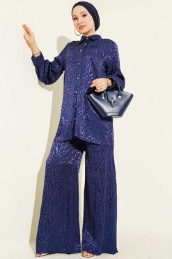 Patterned Pearl Button Loose Jacquard Set Navy Blue