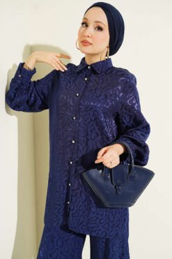 Alternatieve weergave van Patterned Pearl Button Loose Jacquard Set Navy Blue