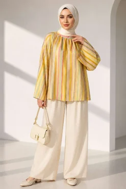 Vista alternativa di Vertical Striped Wide Sleeved Tunic Yellow