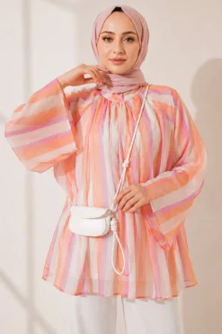 Stand Collar Striped Oversized Tunic Orange