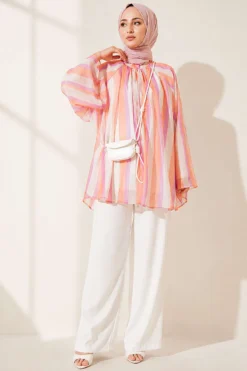 Alternatieve weergave van Stand Collar Striped Oversized Tunic Orange