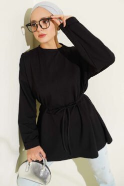 Stitched Detail Double Sleeve Tunic Black