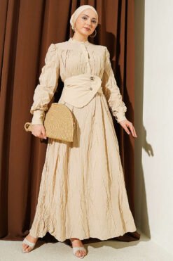 Buttoned Asymmetrical Belted Wrinkled Dress Beige
