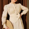 Buttoned Asymmetrical Belted Wrinkled Dress Beige – Image 2