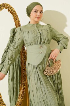 Buttoned Asymmetrical Belted Wrinkled Dress