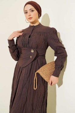 Vista alternativa de Buttoned Asymmetrical Belted Wrinkled Dress Brown