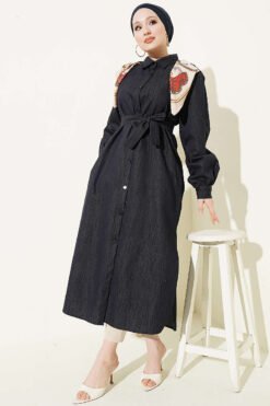 Buttoned Scarf Long Tunic Navy Blue