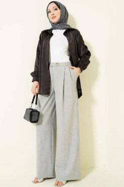 منظر بديل لـ Buttoned Wide Leg Fabric Trousers Grey