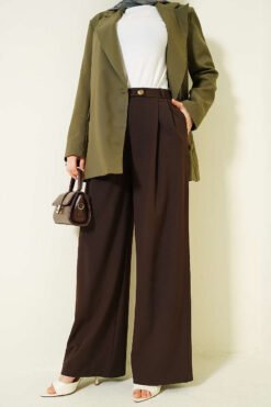 Buttoned Wide Leg Fabric Trousers Brown