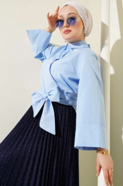 Buttoned Side Tied Short Shirt Baby Blue