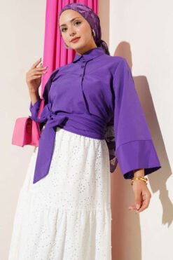 Buttoned Side Tied Short Shirt Purple