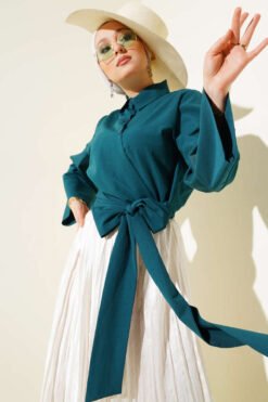 Buttoned Side Tied Short Shirt Petrol