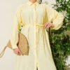 Low Shoulder Belted Long Shirt Yellow