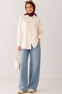 Alternatieve weergave van Oversized Off-Shoulder Shirt Beige