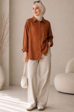 Alternatieve weergave van Oversized Off-Shoulder Shirt Tan