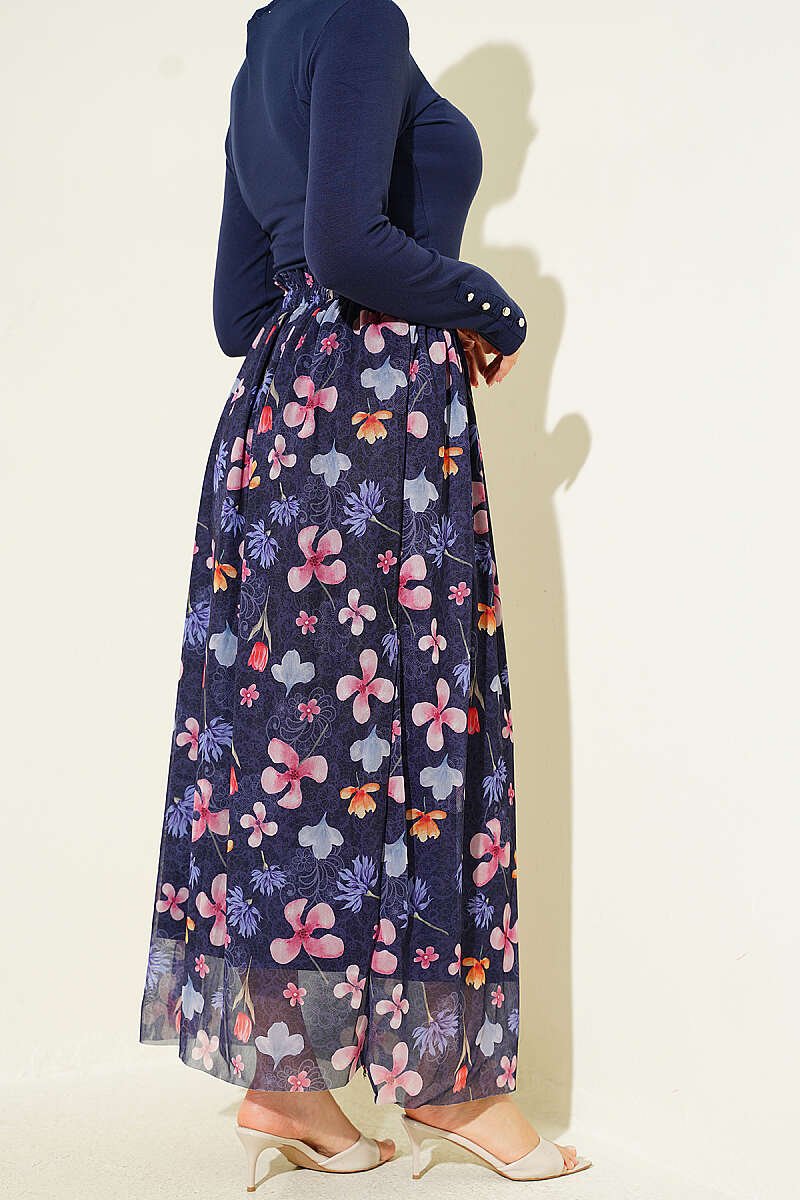 Marbled Floral Pattern Tulle Skirt Navy Blue - Image 3