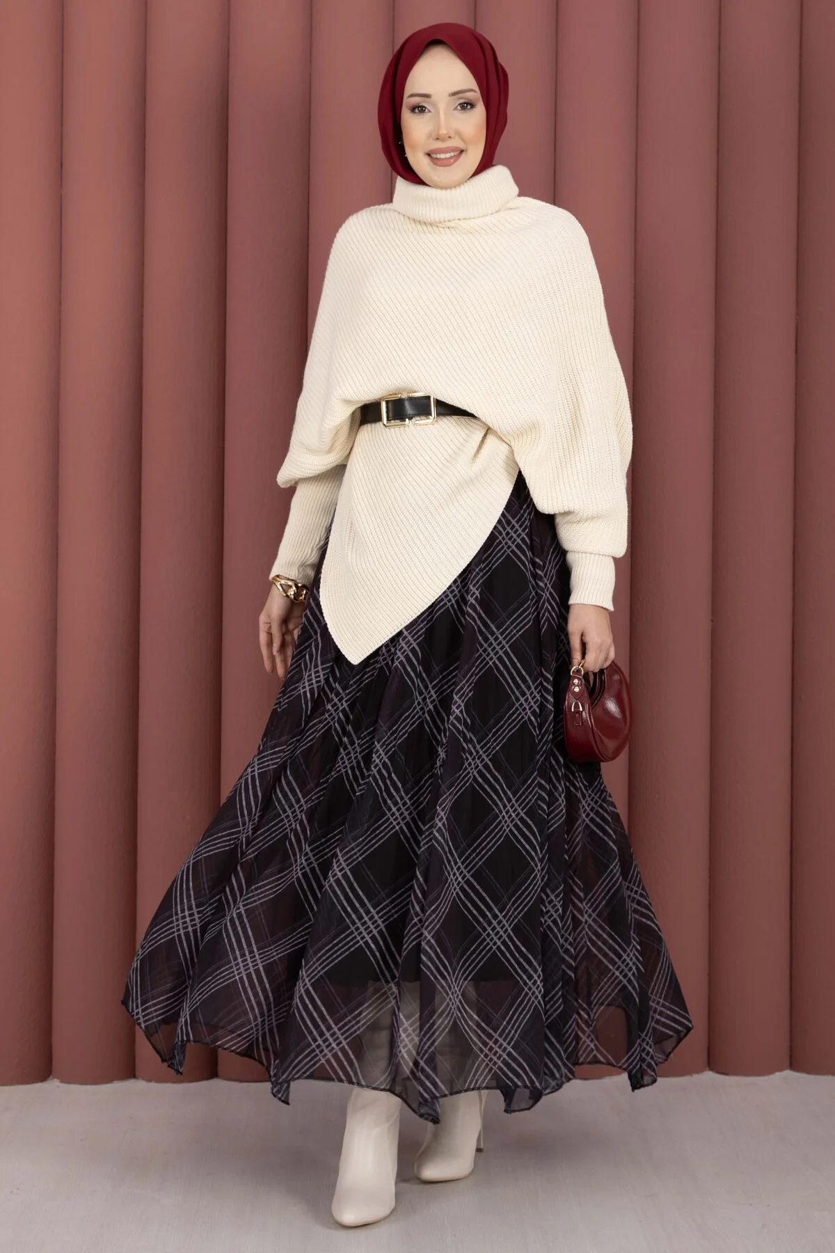 Checked Pattern Lined Chiffon Skirt Black - Image 3