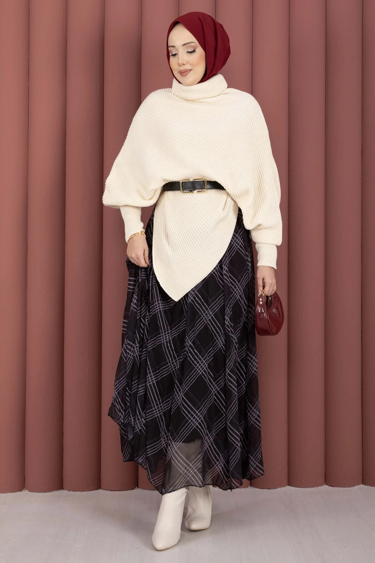 Checked Pattern Lined Chiffon Skirt Black - Image 5