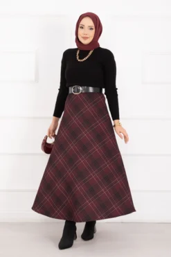 Plaid Pattern Scuba Skirt Burgundy