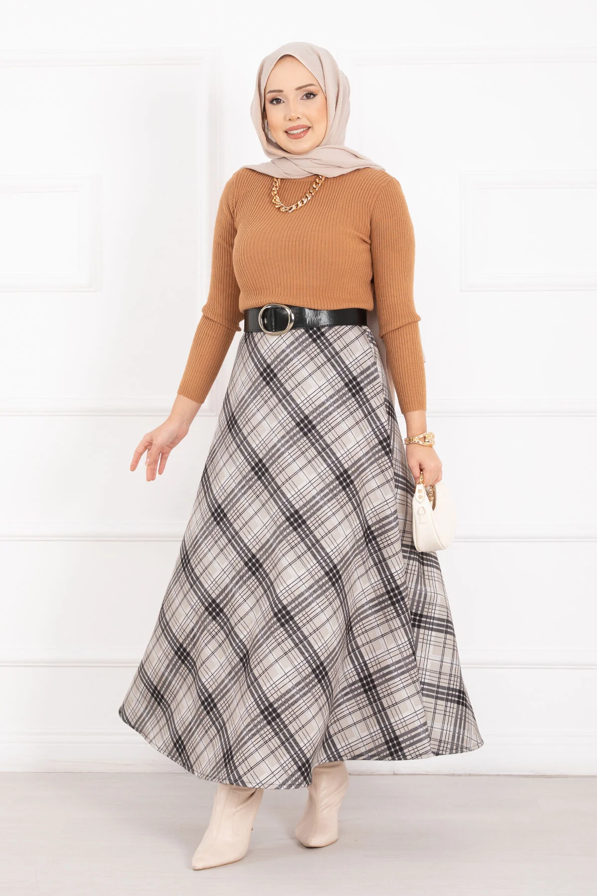 Plaid Pattern Scuba Skirt Cream - Imagen 3