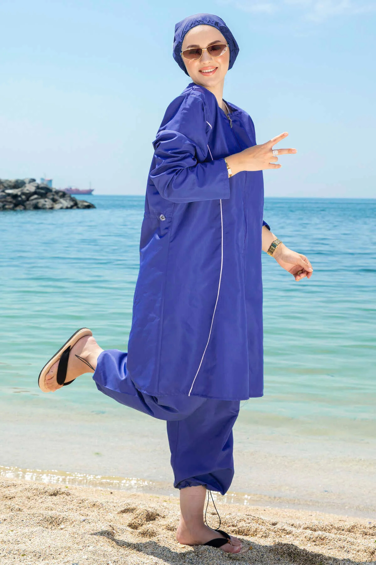 Striped Detail Modest Swimwear Blue