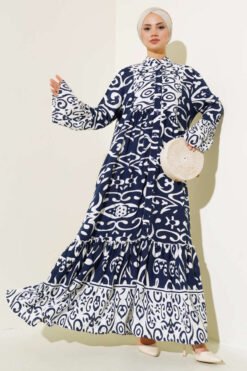 Ethnic Pattern Buttoned Loose Dress Navy Blue