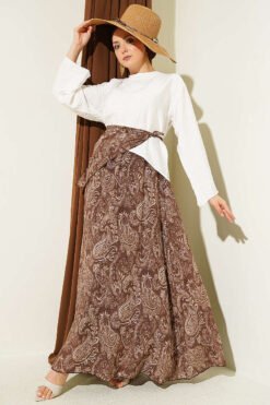 Ethnic Patterned Scarf and Skirt Two-Piece Set Brown