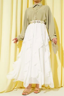 Ruffled Elastic Waist Chiffon Skirt Ecru
