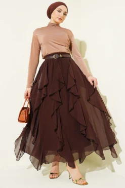 Vue alternative de Ruffled Elastic Waist Chiffon Skirt Brown