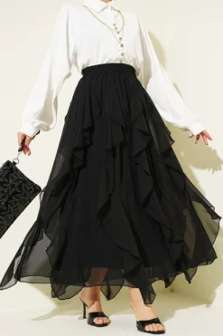 Ruffled Elastic Waist Chiffon Skirt Black