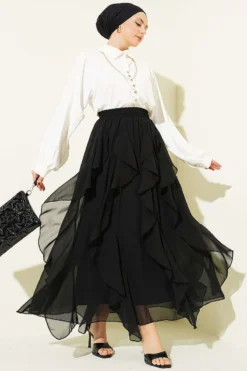 Vue alternative de Ruffled Elastic Waist Chiffon Skirt Black
