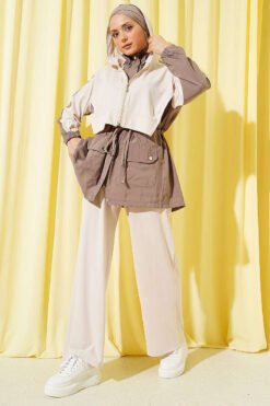 Hooded Two-Piece Set with Zipper Detail Stone