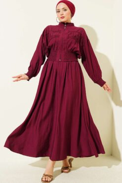 Zippered Waist Gathered Skirt Set Burgundy