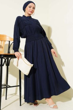 Zippered Waist Gathered Skirt Set Navy Blue