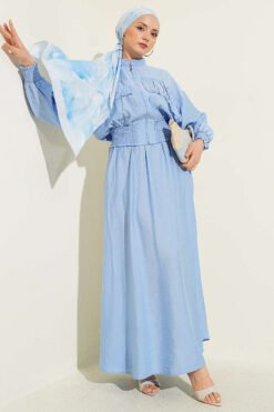 Zippered Waist Gathered Skirt Set Blue