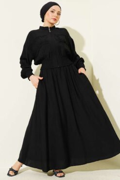 Zippered Waist Gathered Skirt Set Black