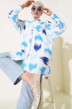 Brush Patterned Cuff Shirt Blue