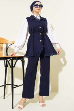 Alternatieve weergave van Ruffled Lace Vest Two-Piece Set Navy Blue