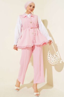 Ruffled Lace Vest Two-Piece Set Pink Großhandel clothing set - Hicabistan Türkei Fabrik