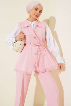 Ruffled Lace Vest Two-Piece Set Pink Großhandel clothing set view 2 - Hicabistan Türkei Fabrik